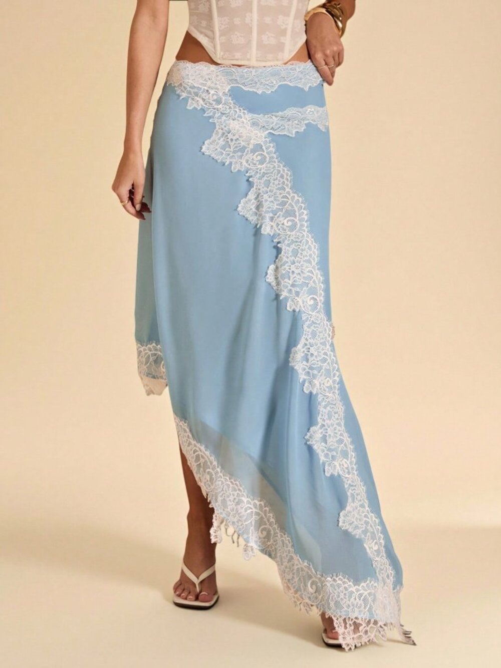 Baby Blue Elegant Women's Lace Trim Chiffon Skirt - Picture 6 of 8
